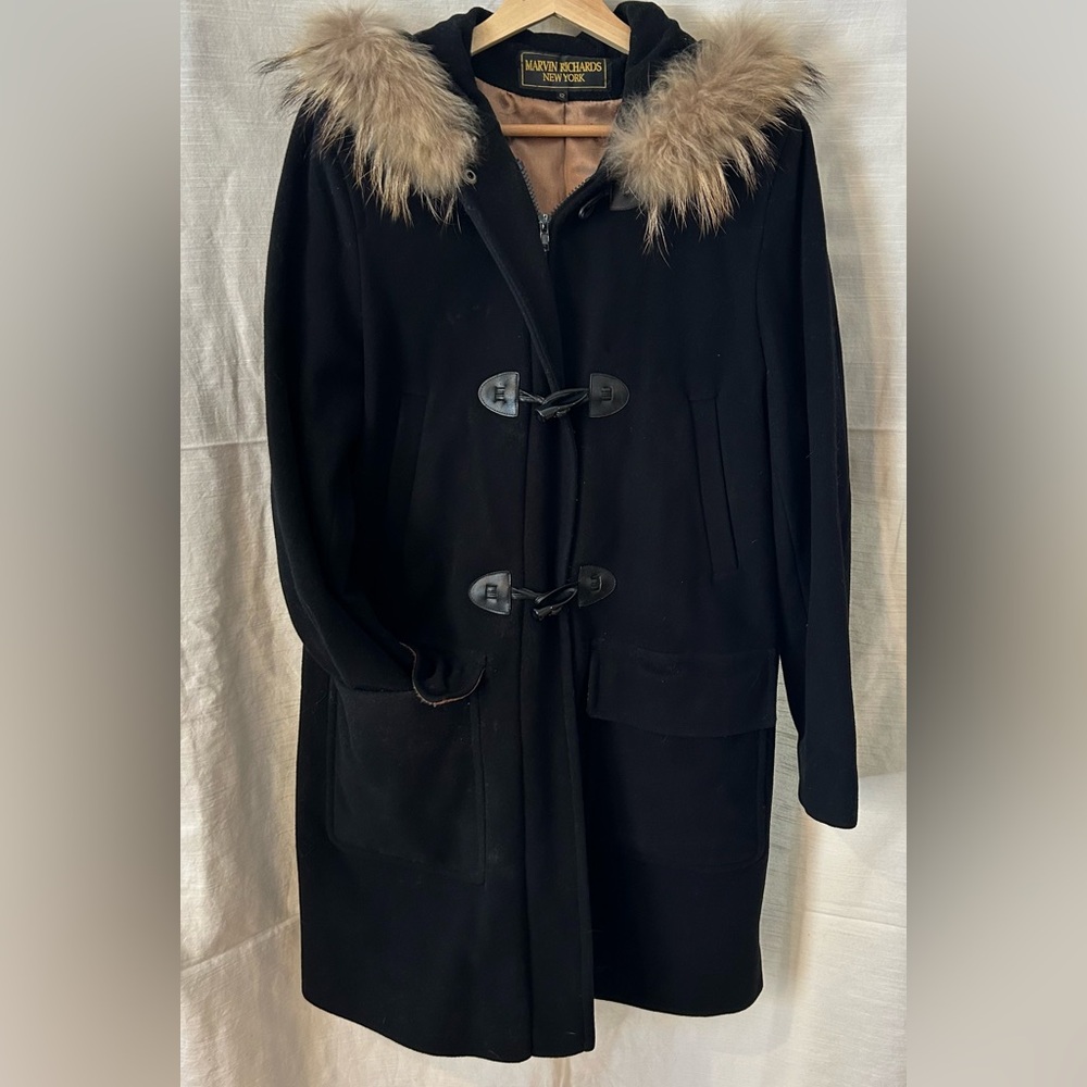 Marvin Richards Black Hooded Coat with Real Fur Trim luxury quiet luxury